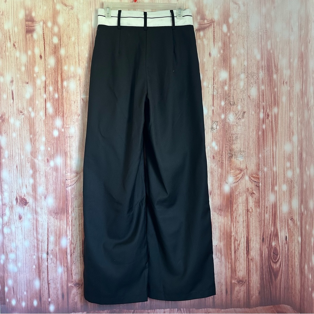 Commense Black Asymmetrical White Contrast Waistband Wide Leg Dress Pants - Picture 11 of 11